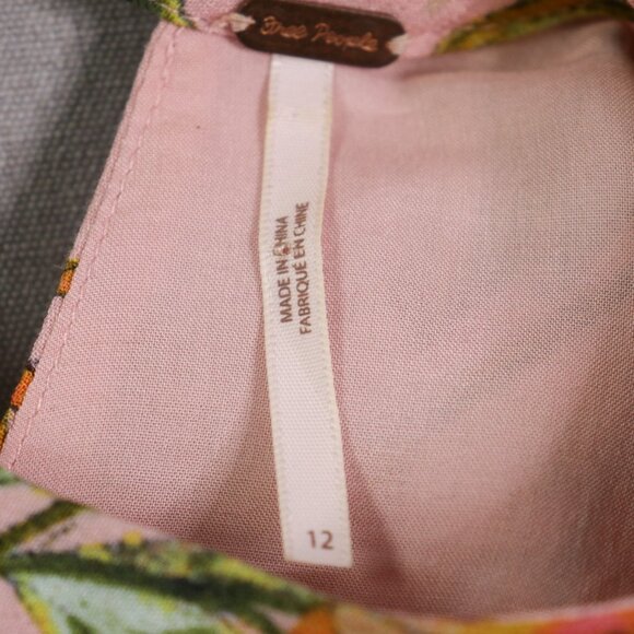 Free People Tegan Mini Dress 12 Pink Orange Floral Long Bell Sleeve V-Neck Pleat - Picture 3 of 16